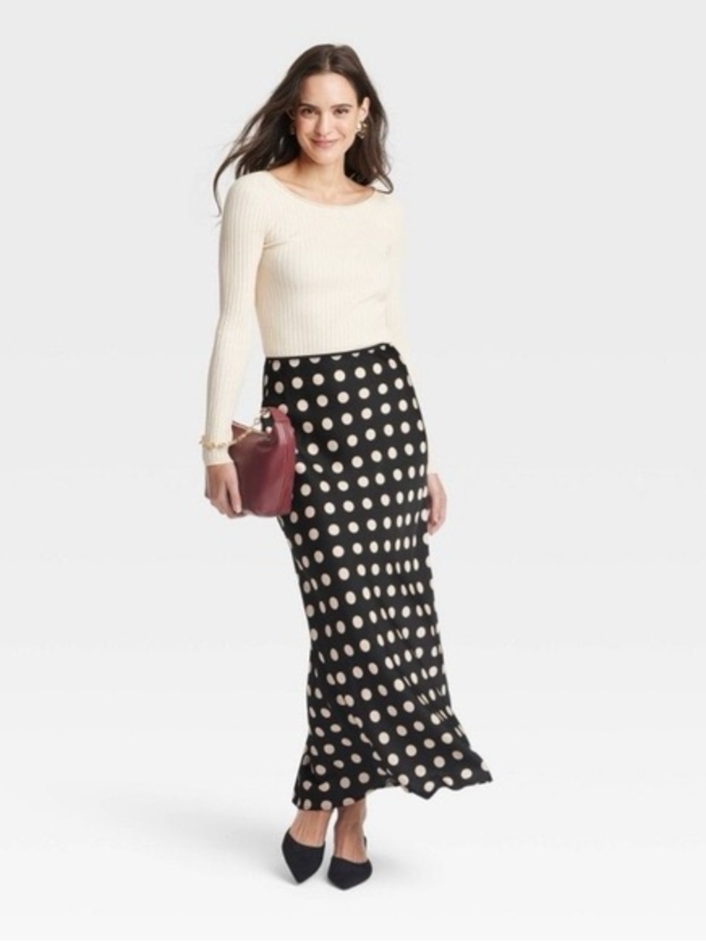 A New Day Black Cream Polka Dot Satin Slip Maxi Skirt